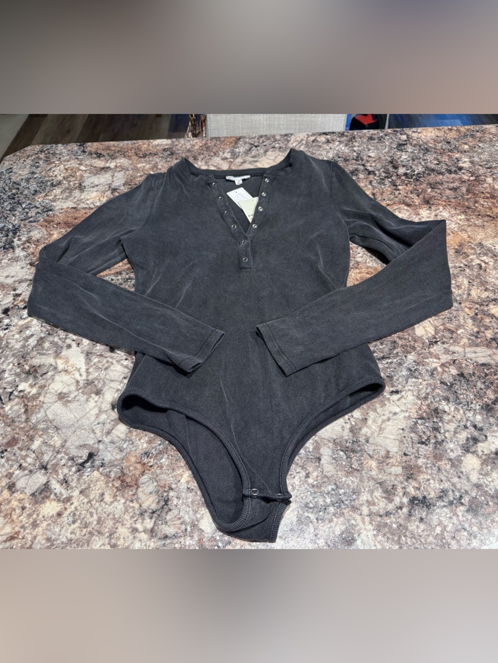 Long Sleeve Black Ribbed Henley Bodysuit